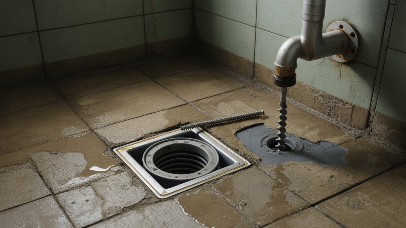 "Hand auger beside a clogged basement floor drain in an older home with aging plumbing."