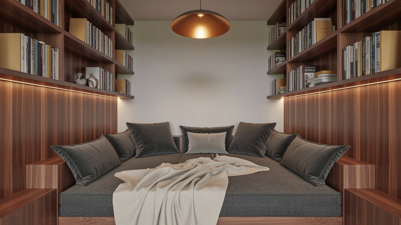 "Cozy modern basement reading nook with built-in bench, bookshelves, soft lighting, and inviting contemporary design."