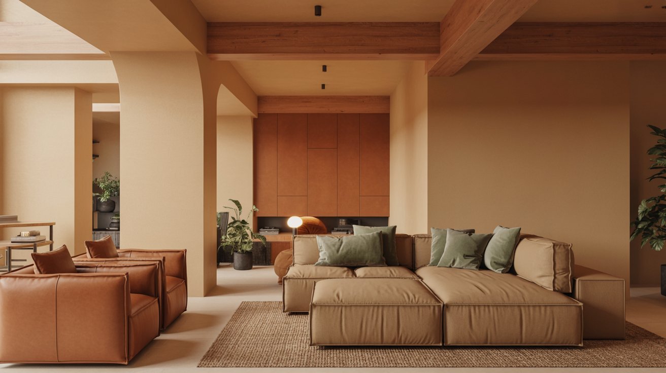 "Earth-toned modern basement with warm natural textures, neutral colors, and cozy contemporary interior design."