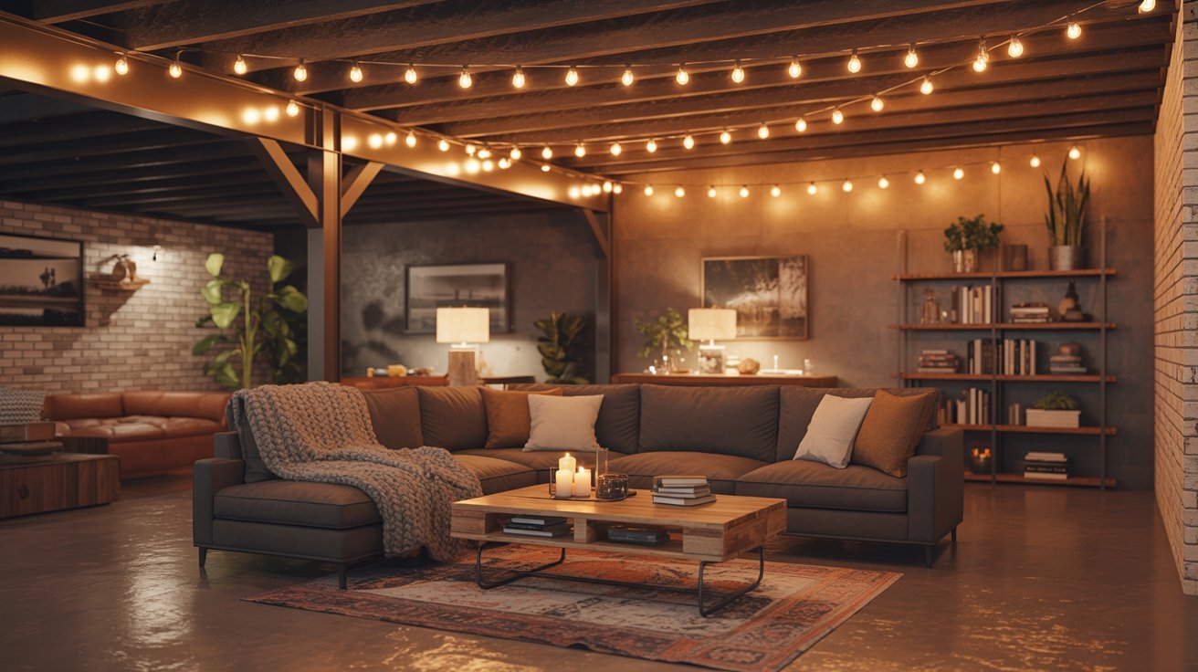 Cozy basement with string lights, comfortable seating, and warm affordable ambient lighting design