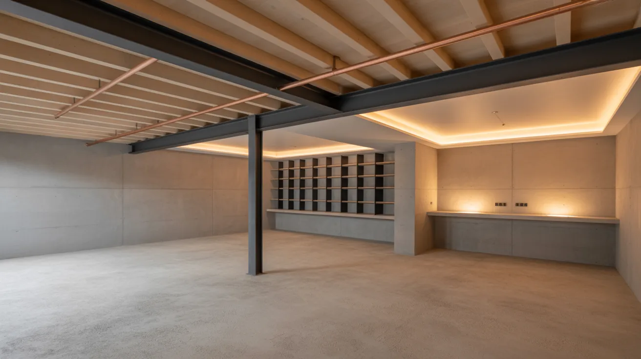Realistic basement planning space showing smart layout design with organized zones, lighting planning, and efficient use of small areas.