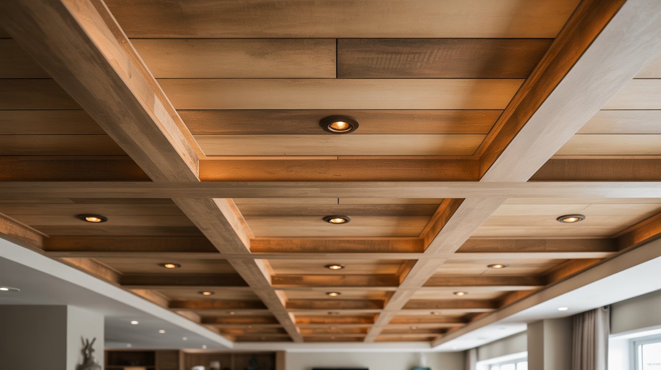 Natural wood coffered ceiling with warm recessed lighting in a basement.