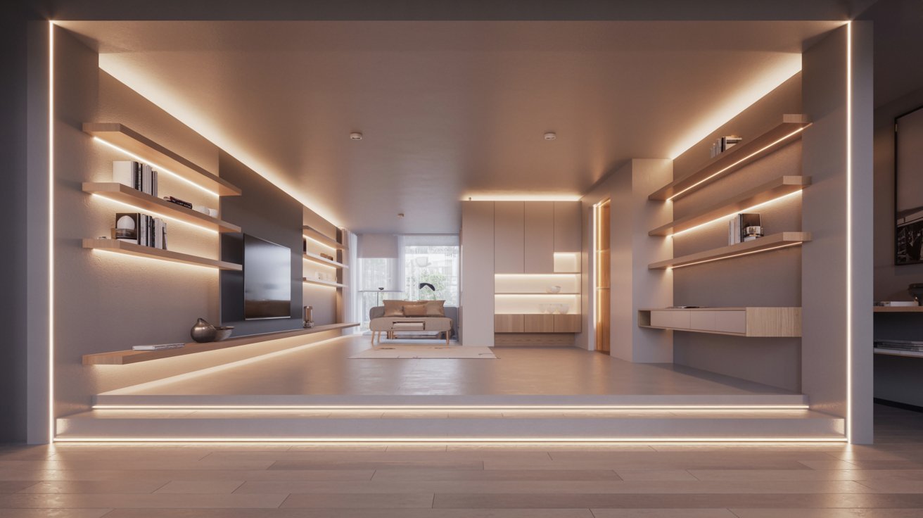 "Modern low ceiling basement with LED strip lighting along walls and shelves creating layered ambient glow and a spacious modern feel"