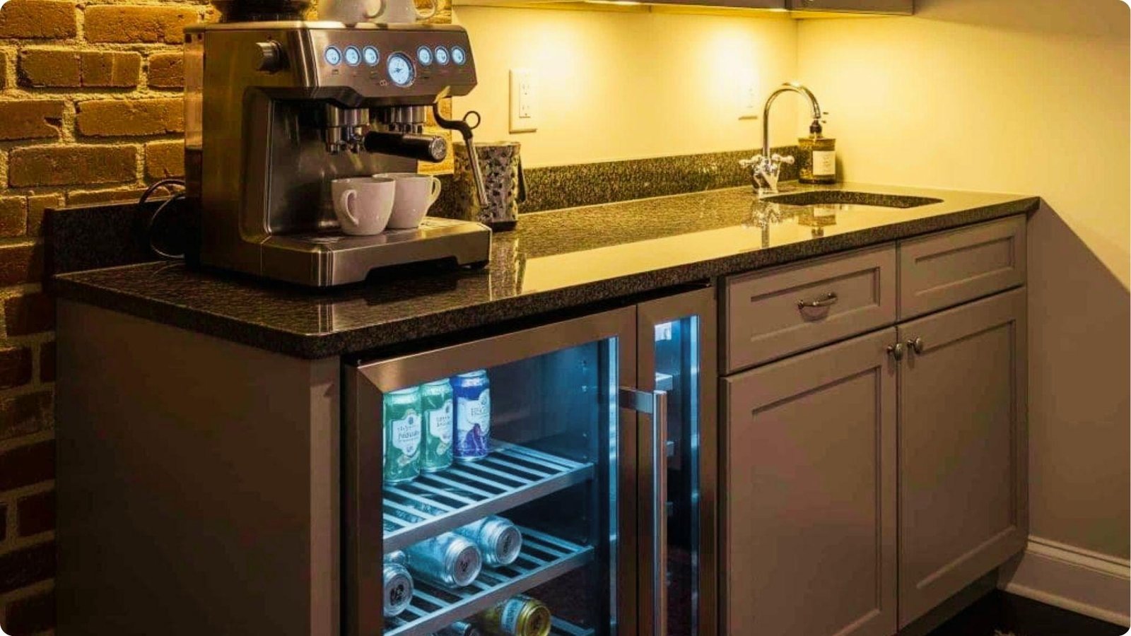 Cozy basement wet bar with exposed brick wall, dark granite countertop, and glass-front beverage fridge.