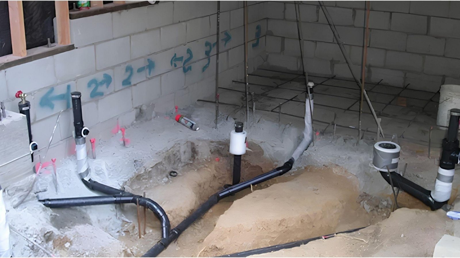 Black ABS drain pipes installed for basement bathroom plumbing layout