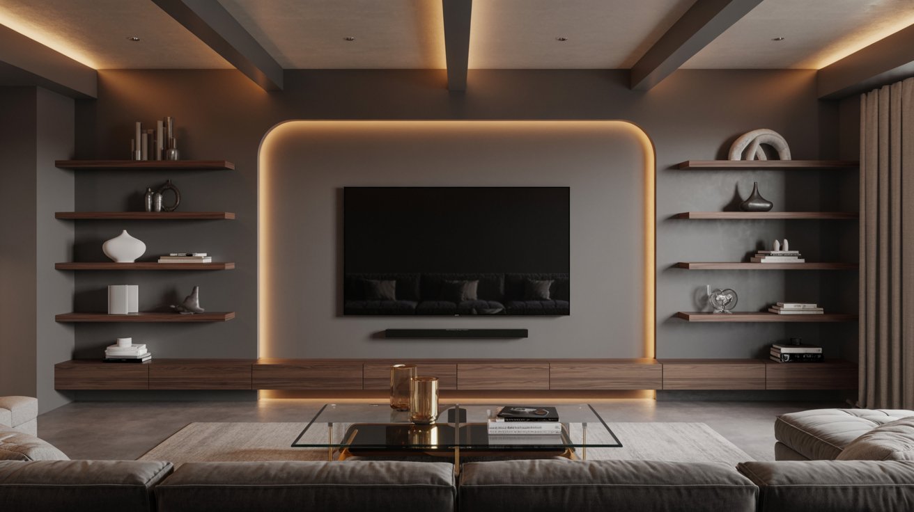 "Modern basement media wall with LED backlighting, floating shelves, and contemporary entertainment room design."