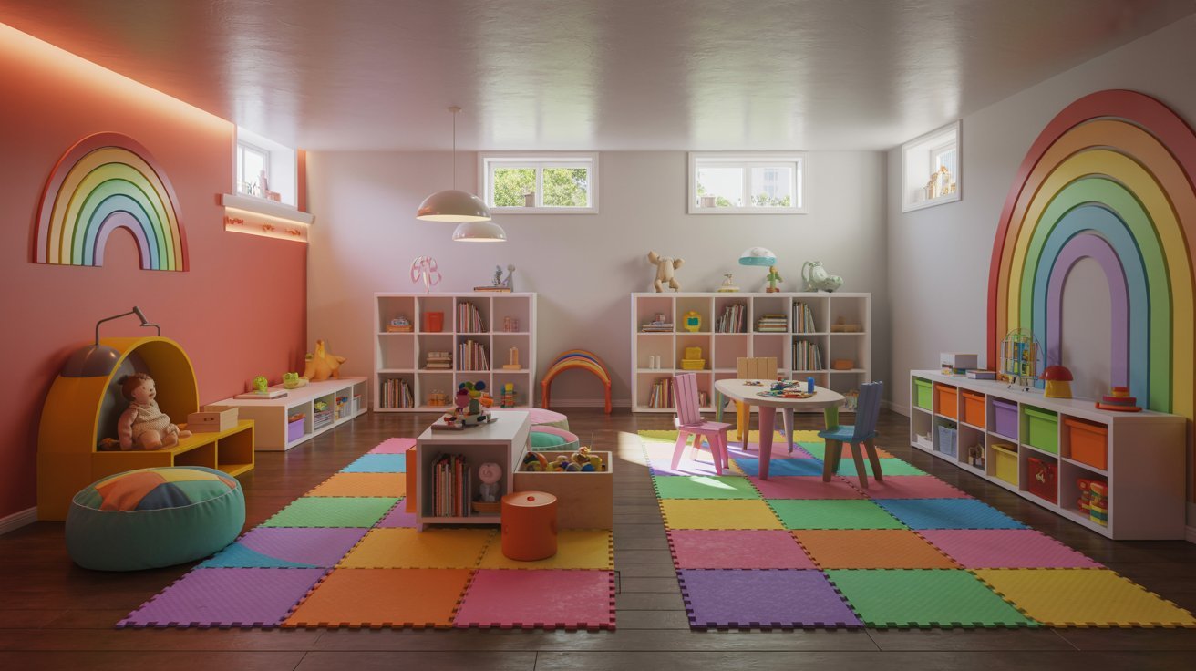 Colorful basement playroom with foam flooring, toy storage, and fun kid-friendly activity zones