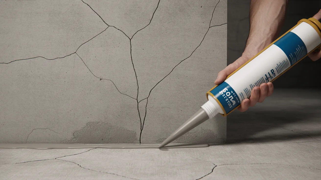 Masonry sealant applied to hairline cracks in a concrete basement wall.