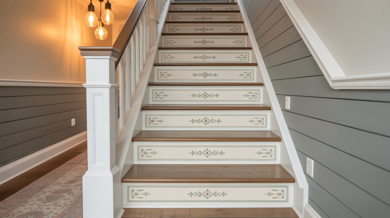 Basement staircase with painted risers, decorative decals, and affordable stylish renovation upgrade