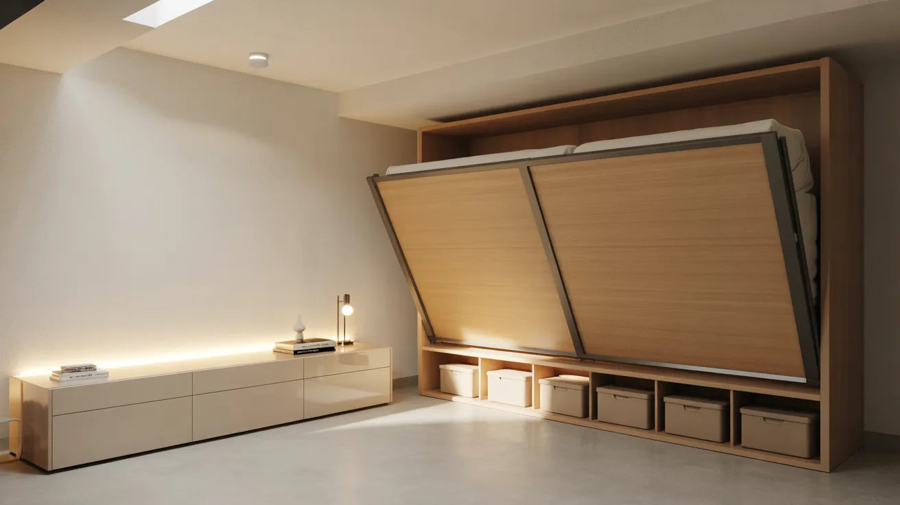 Realistic basement guest bedroom with Murphy bed, storage solutions, and compact organized sleeping space.