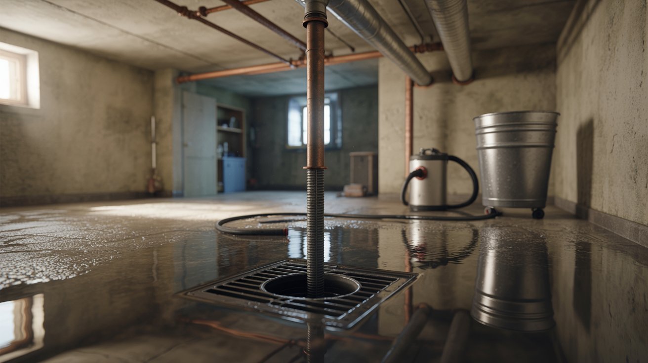 "Drain snake unclogging a basement floor drain with standing water in a realistic residential basement."