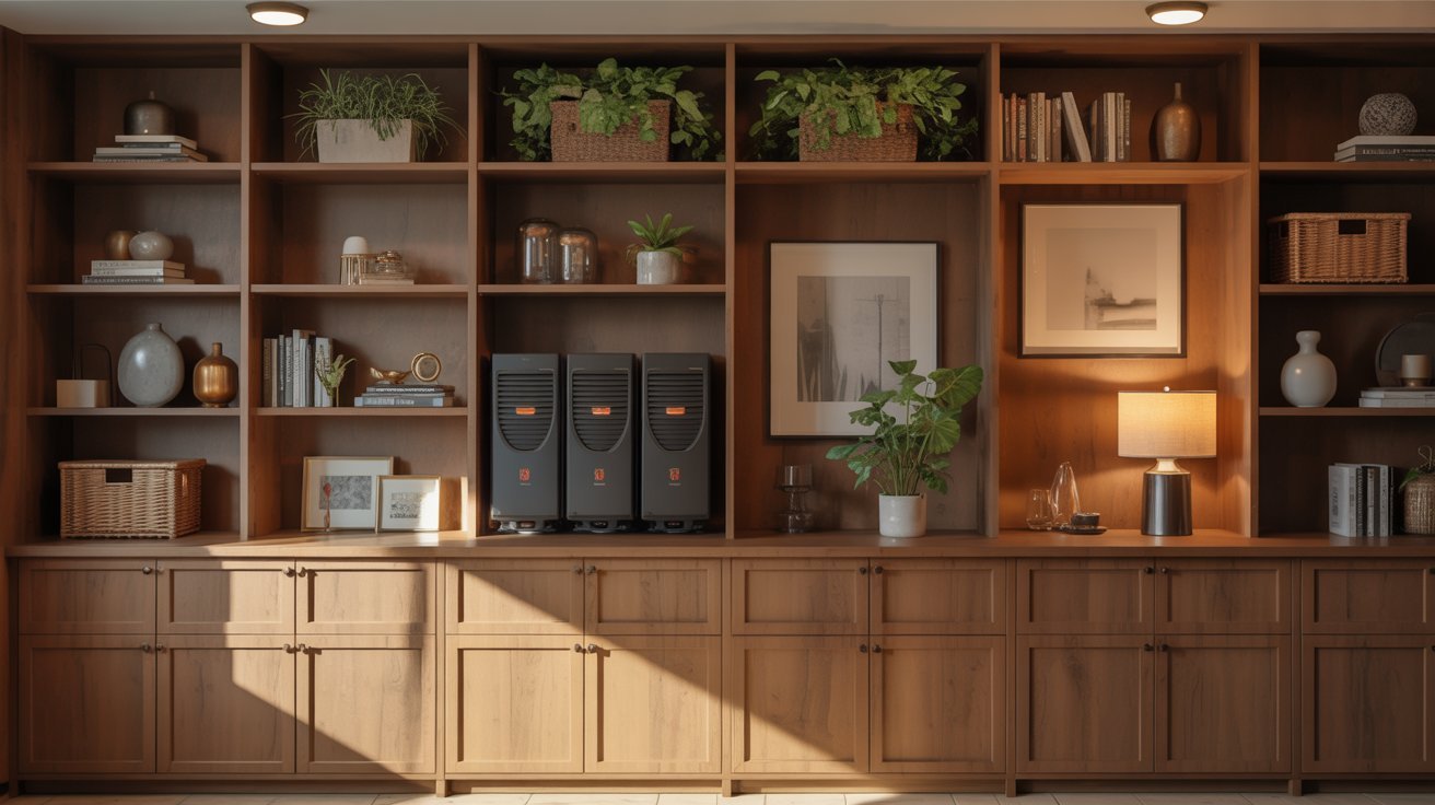 Built-in wooden shelving hides basement sump pumps while displaying plants, books, and decor