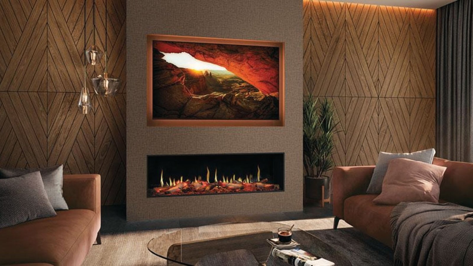 Modern linear electric fireplace in basement with wood panel walls, TV above and brown sofas.