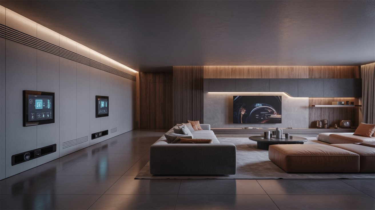 "Smart home automation basement with integrated lighting, entertainment systems, and modern high-tech interior design."
