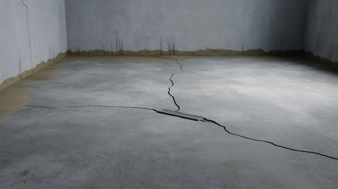 Basement floor showing moderate structural movement affecting repair cost.