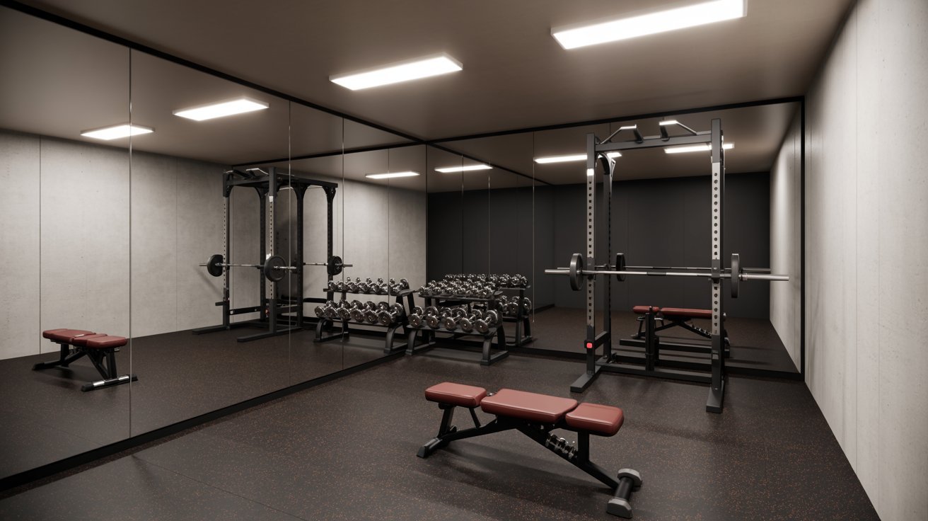 Modern basement gym with mirrors, workout equipment, rubber flooring, and bright functional fitness space.