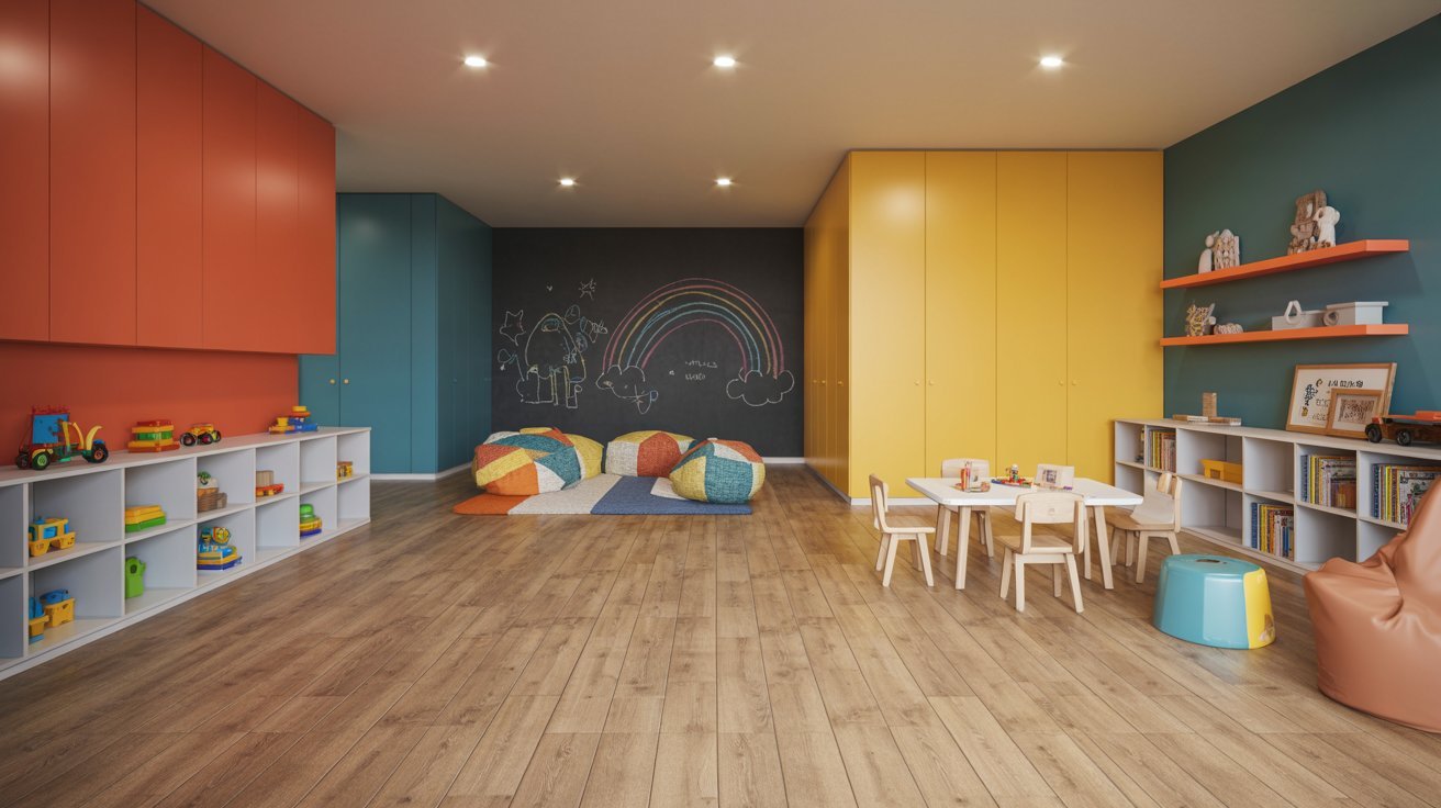 "Modern basement kids playroom with colorful decor, toy storage, chalkboard wall, and family-friendly design."