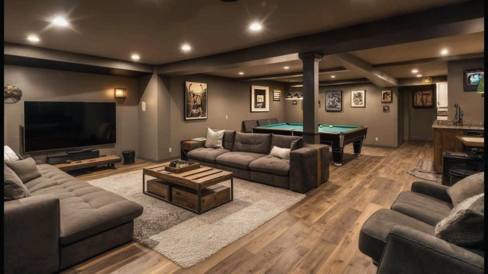 The basement game room with a pool table hides a sump pump under a slatted coffee table with storage.