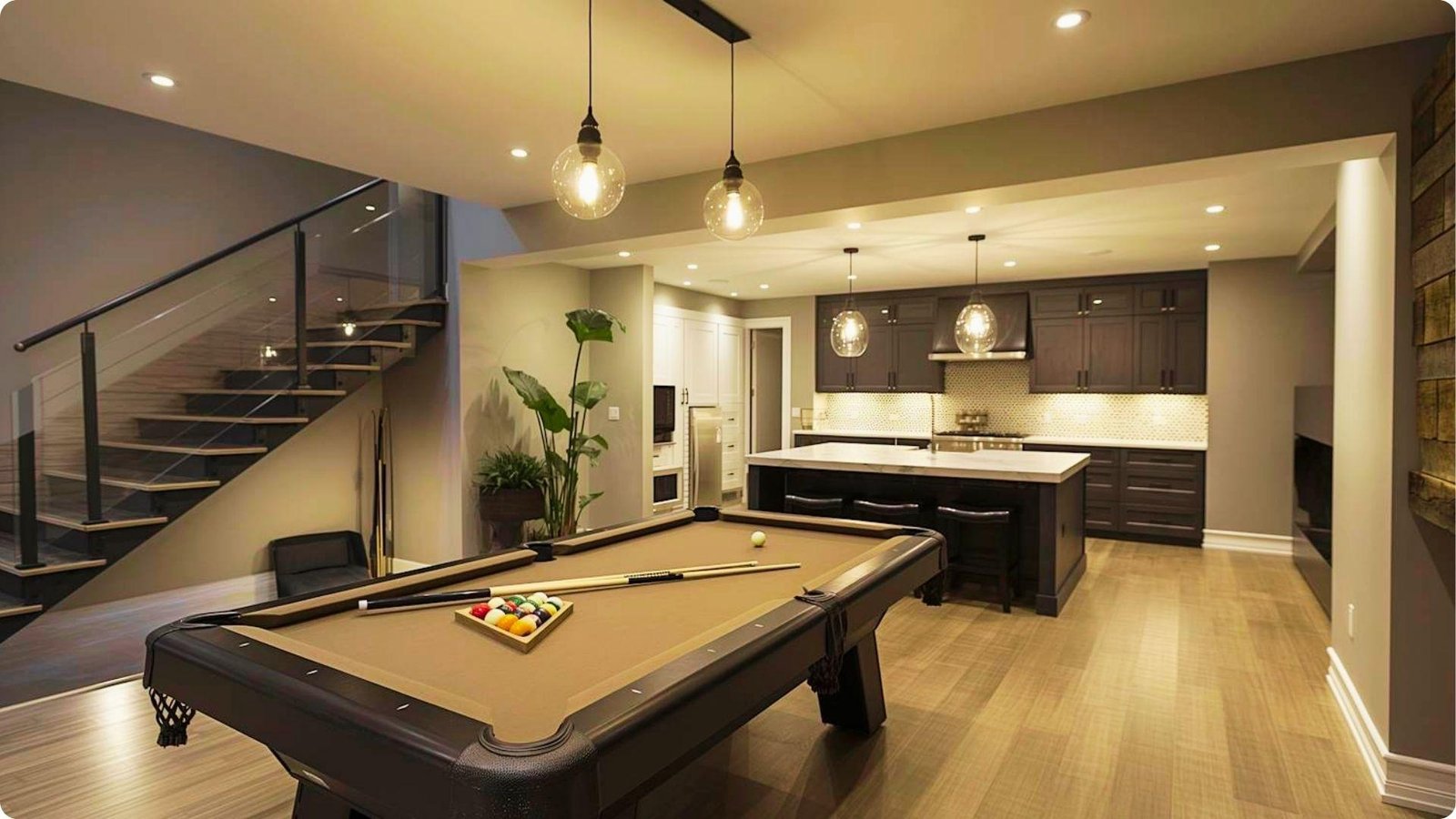 Spacious basement transformation featuring a pool table, wet bar with dark cabinets, and pendant lights.