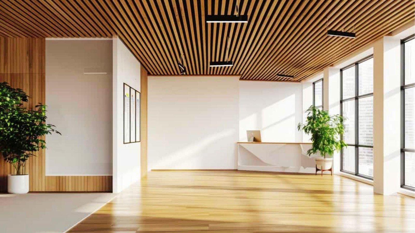 Finished basement with wood slat ceiling, large windows, and hardwood floors showcasing high-end basement renovation cost results.