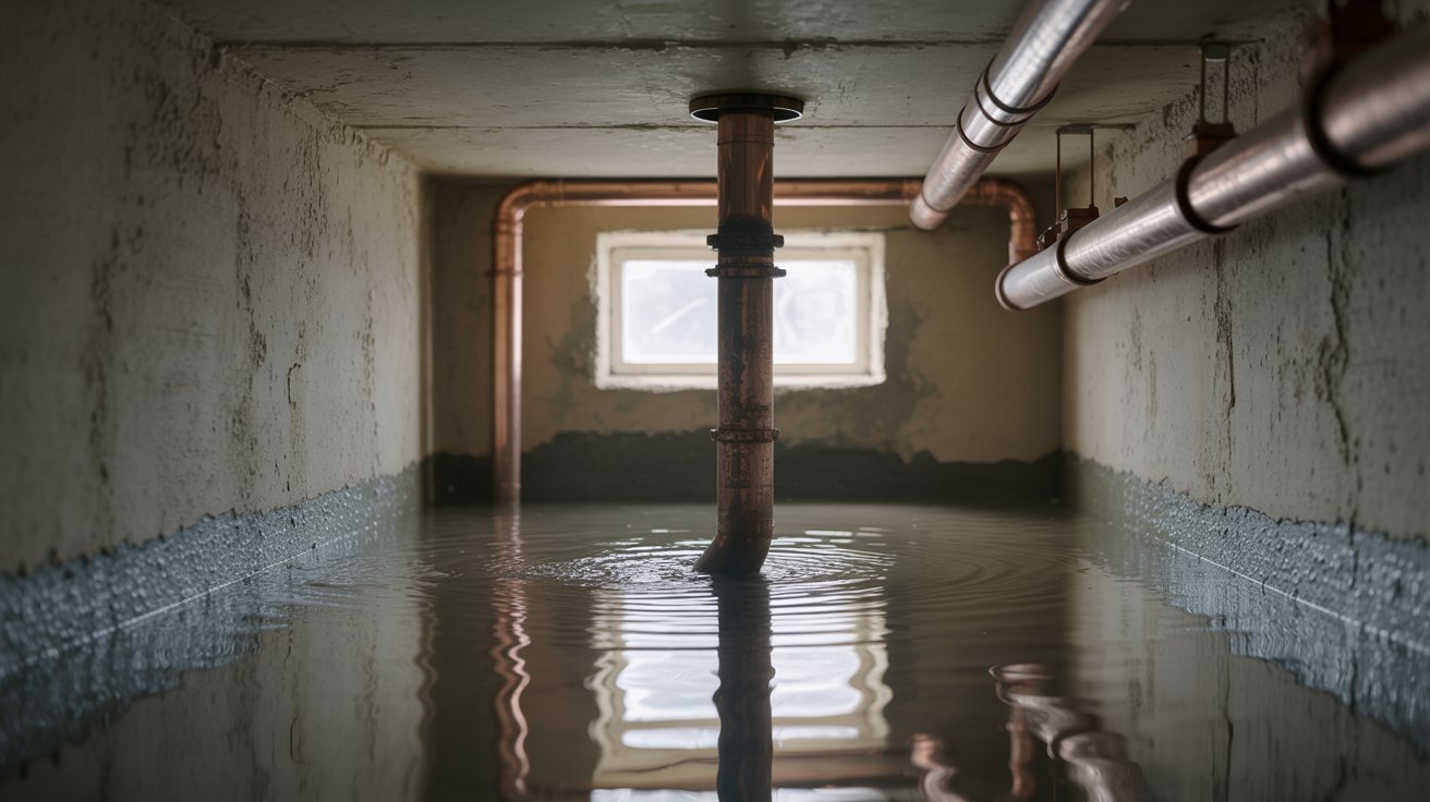 "Standing water around a clogged basement floor drain in a realistic residential basement."