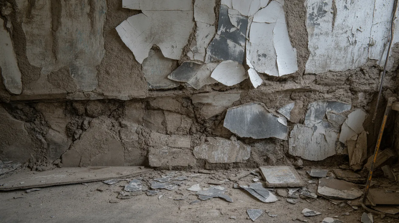 Damaged basement wall with flaking and spalling concrete surface.