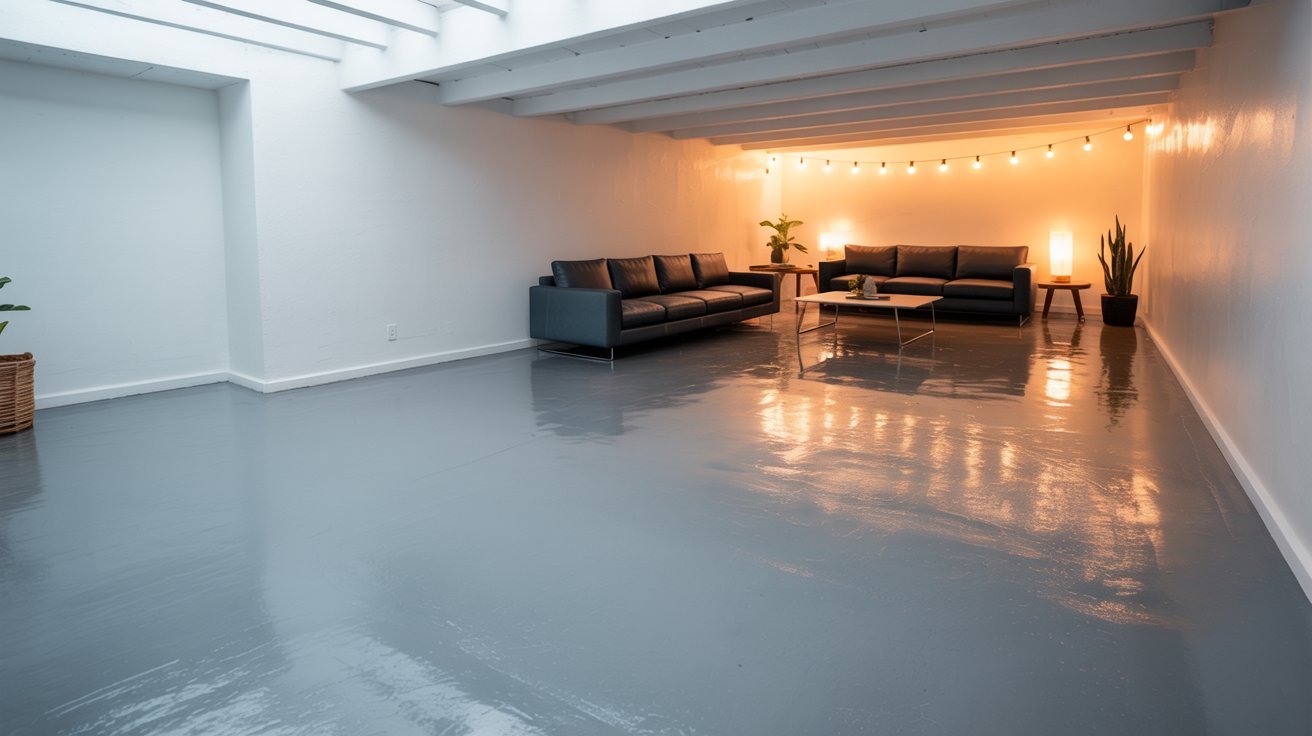Basement with painted concrete floors, warm lighting, modern furniture, and clean affordable interior design