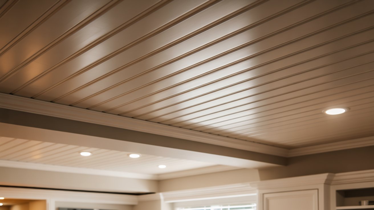 White beadboard plank ceiling with recessed lights and crown molding adds clean, cottage style to a basement.