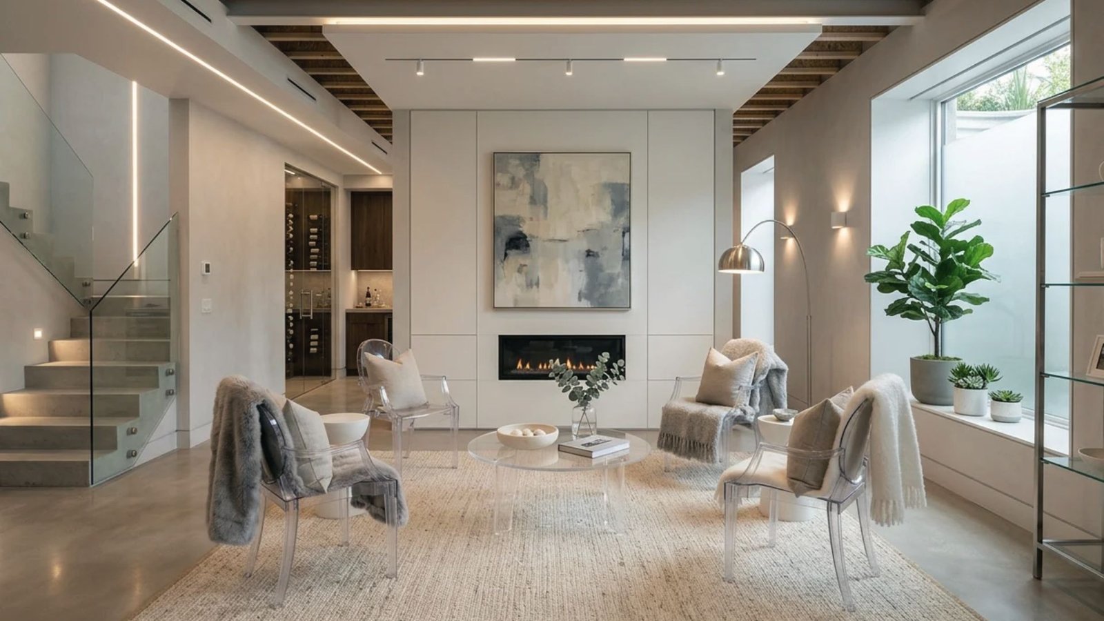 Contemporary basement lounge with glass stairs, fireplace, acrylic chairs and large windows for light.