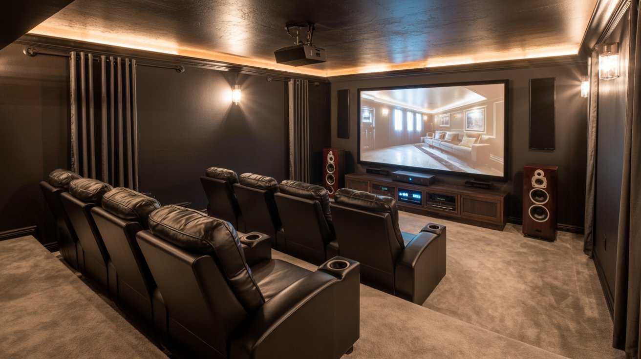 Luxury basement theater with recliner seating, projector screen, cinematic lighting, and immersive entertainment setup.