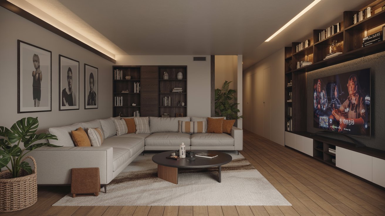 Multifunctional basement with gaming zone, cinema area, lounge seating, and modern entertainment layout