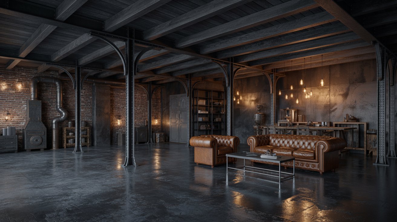Industrial basement with exposed beams, concrete floors, metal accents, and vintage loft-inspired furniture