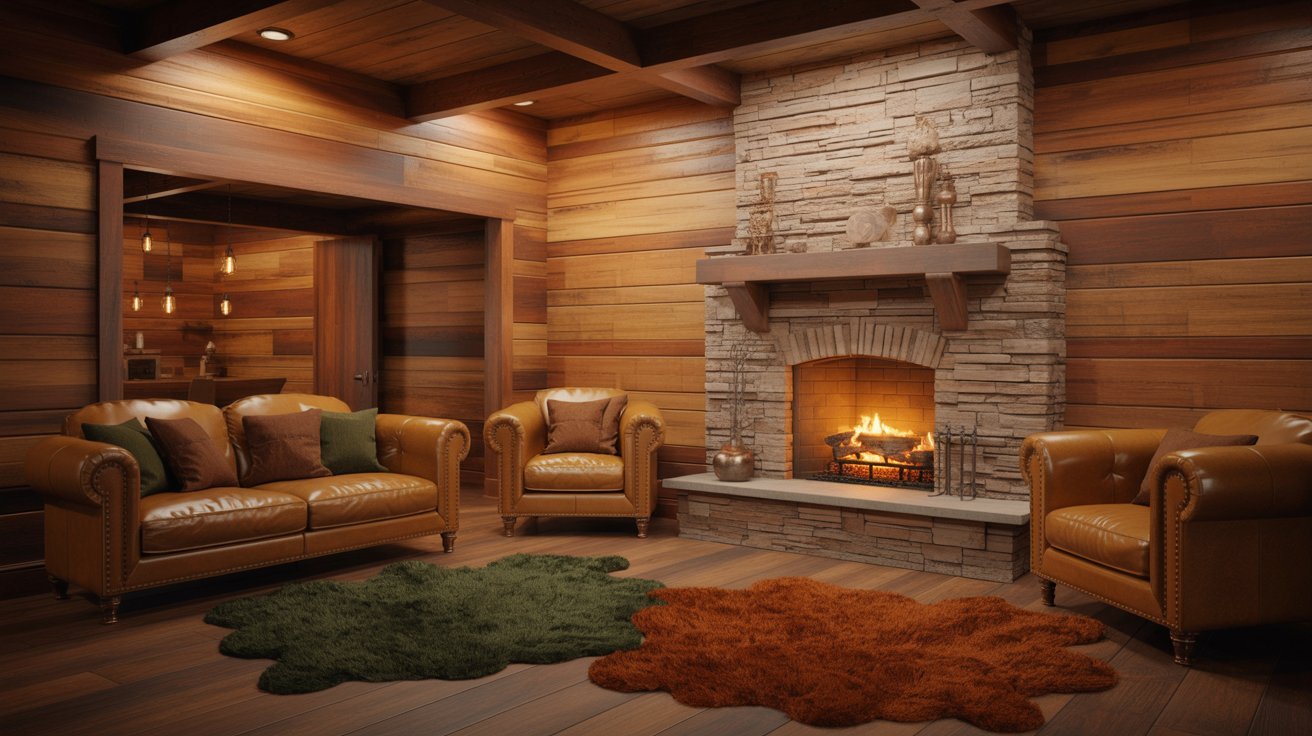 Cozy cabin-style basement with stone textures, wood paneling, fireplace, and warm earthy decor