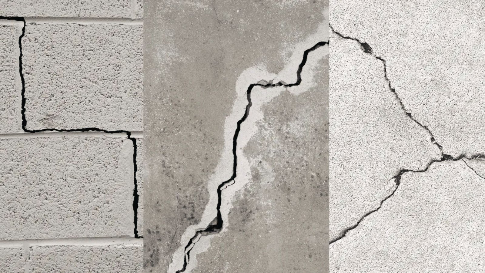 Different types of basement wall cracks in block and concrete showing severity for repair cost.