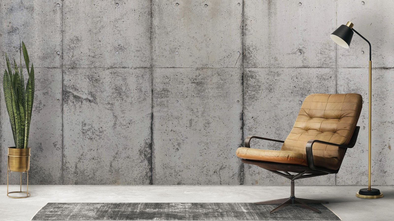 Peel-and-Stick Wallpaper to Concrete Walls with a chair and standing lamp near it.
