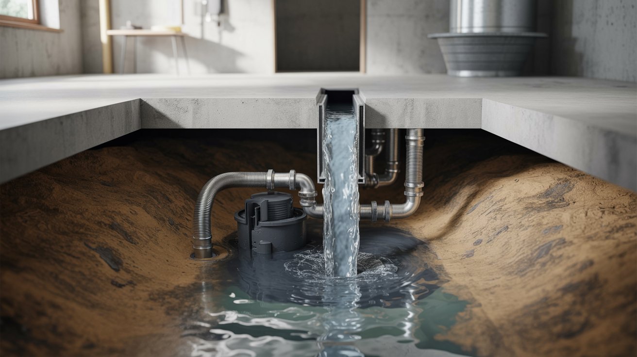 "Cutaway basement sump pump system showing groundwater collecting in sump pit and being pumped out through discharge pipe."
