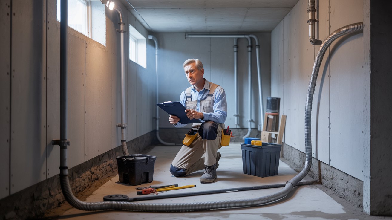 Homeowner cleaning gutters, sealing foundation cracks, and preventing expensive basement water damage repairs early