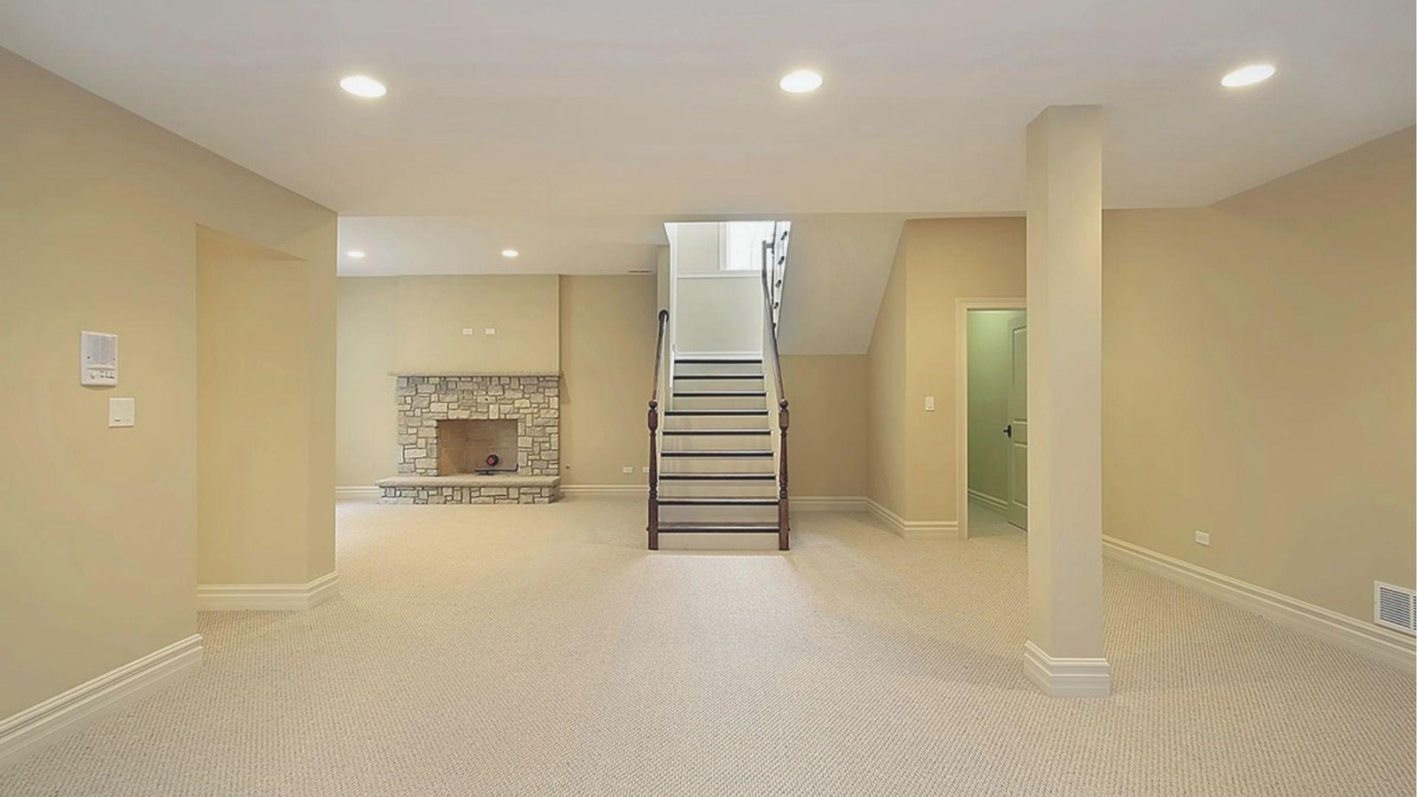 Clean, dry finished basement with carpet, recessed lighting, stone fireplace, and neutral walls.