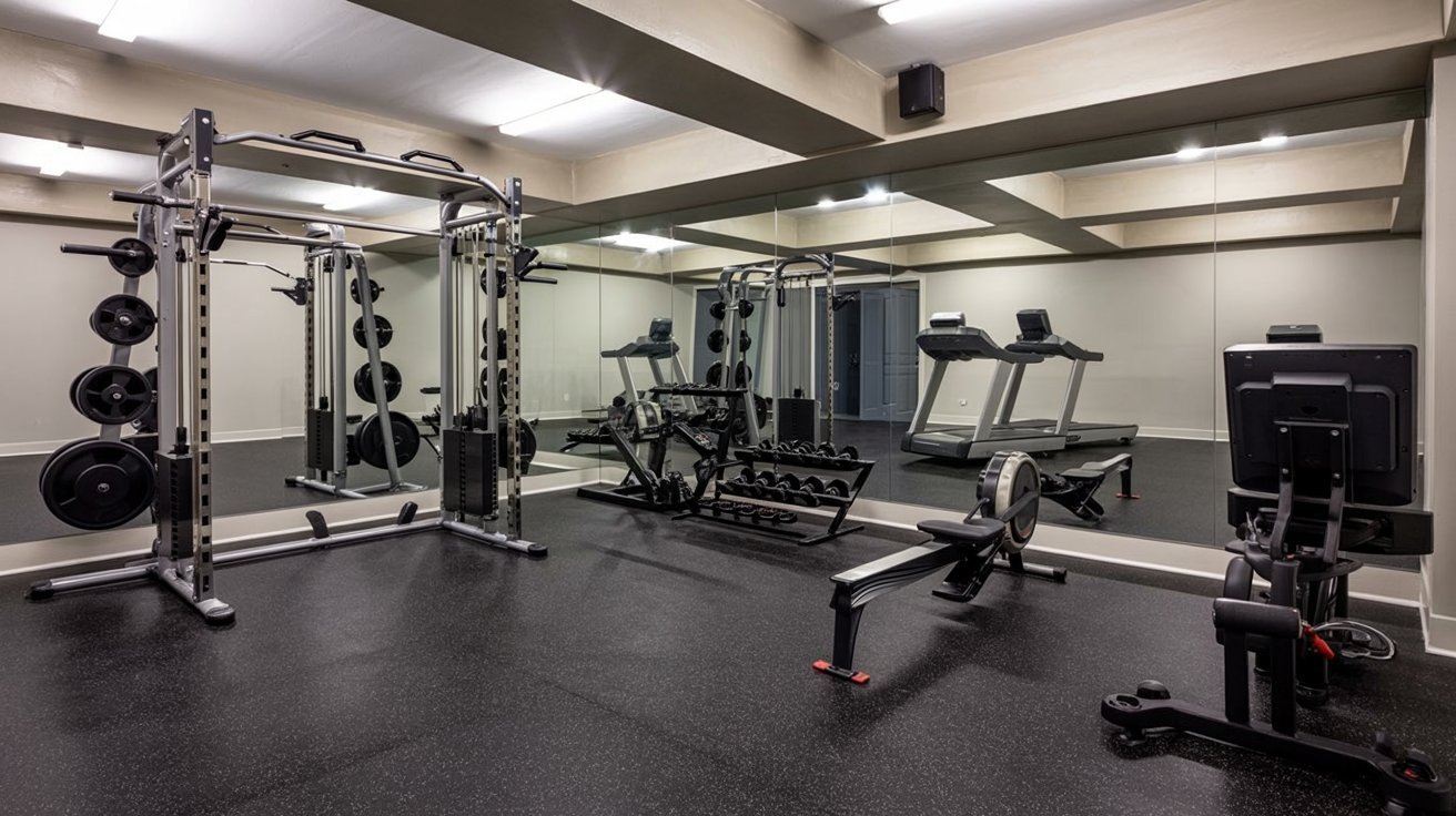 "Modern basement home gym with rubber flooring, workout equipment, wall mirror, and spacious contemporary fitness layout."