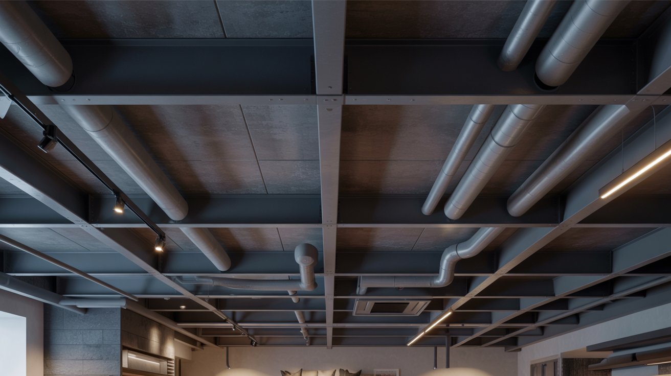 Exposed basement ceiling with pipes and ducts painted dark gray, framed by metal beams and track lighting.