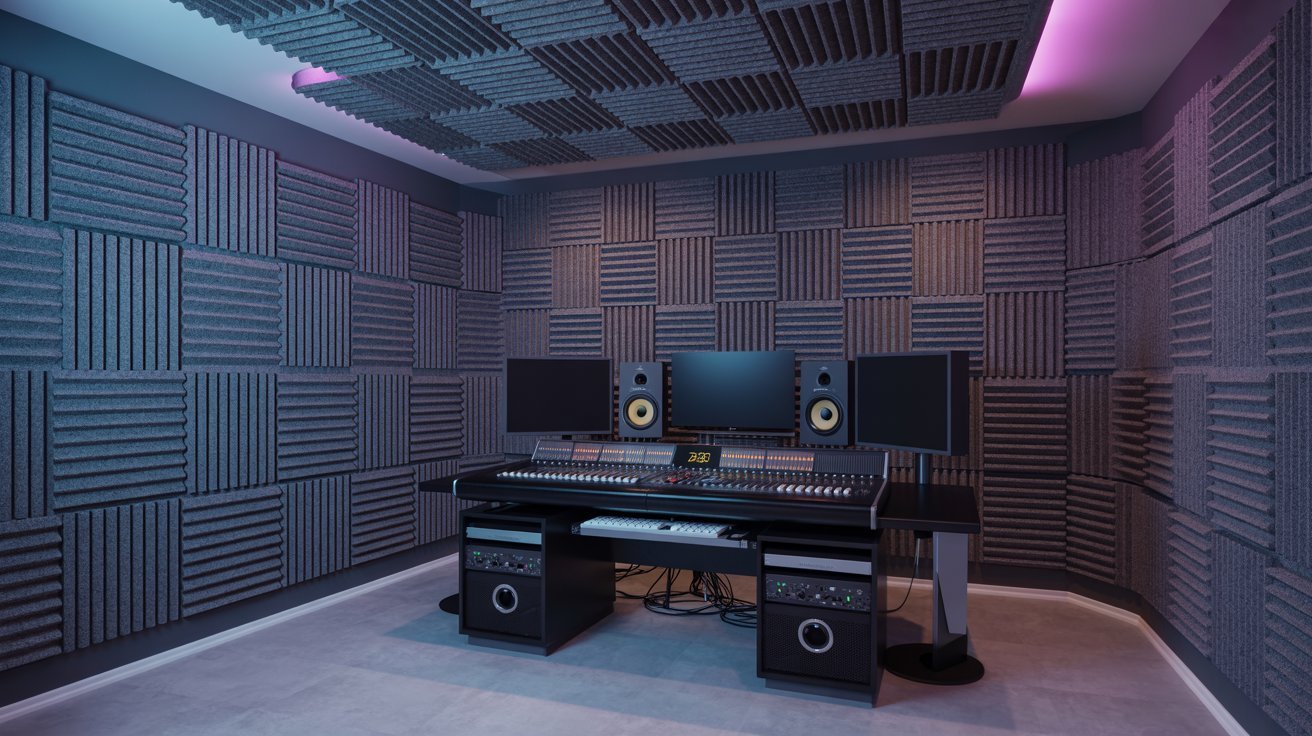 "Modern basement music studio with acoustic panels, recording equipment, and professional soundproofed setup."