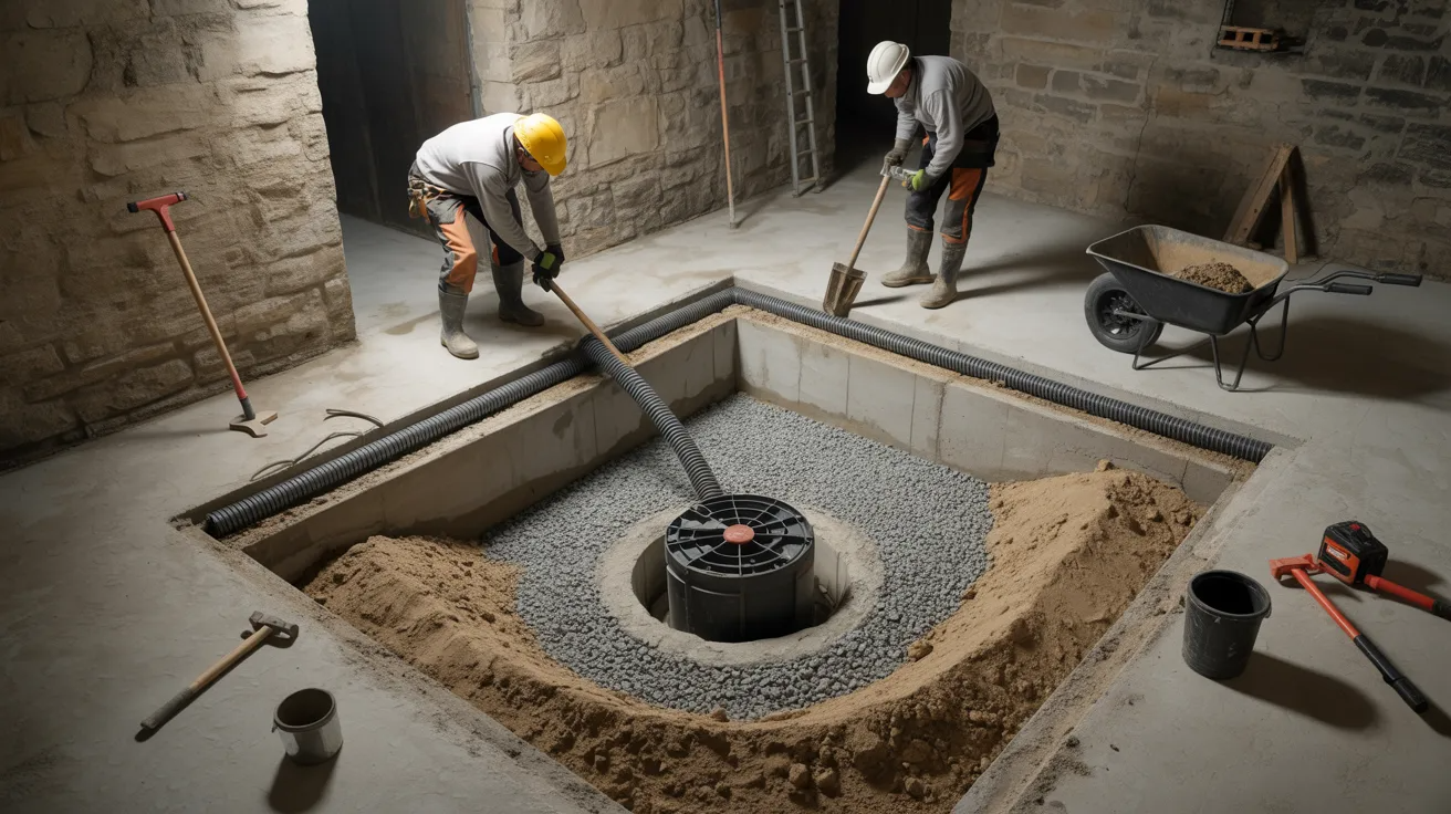 Interior drainage system and sump pump installation inside stone basement for long-term waterproofing protection.