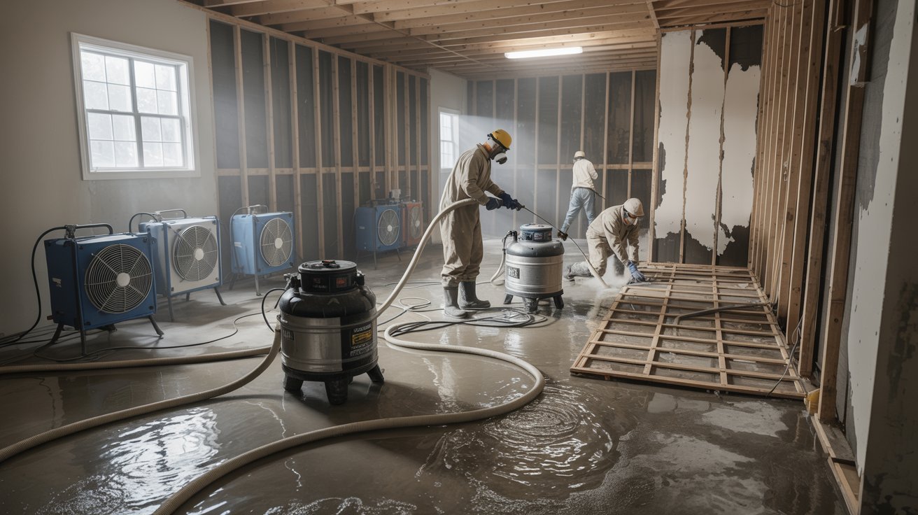 Flooded basement restoration showing water extraction, drying equipment, structural repairs, sanitization, and mold remediation process.