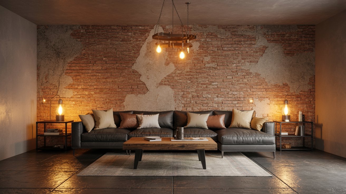 Stylish basement featuring exposed brick accent wall, neutral decor, and warm inviting atmosphere