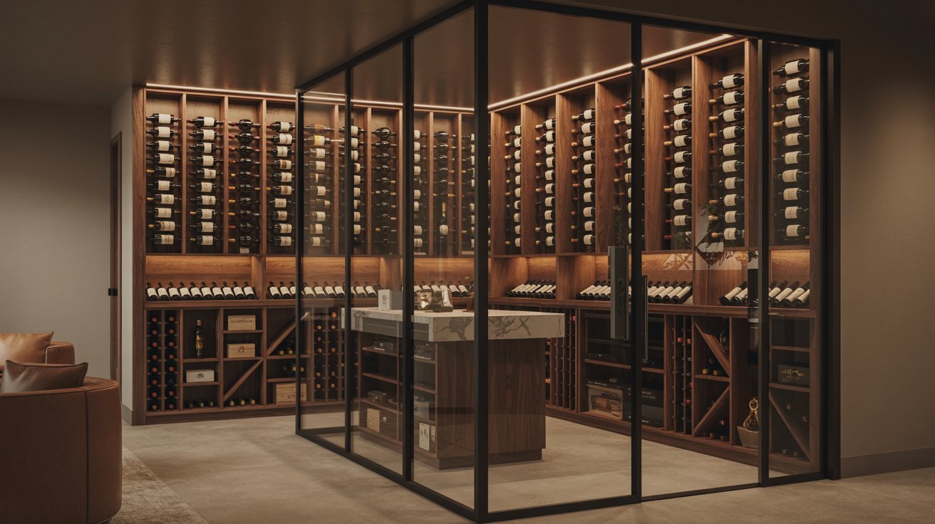"Modern basement wine cellar with glass display walls, wooden wine racks, ambient lighting, and luxury contemporary design."