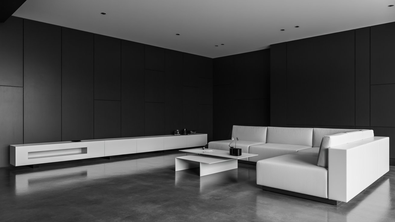 Modern black and white basement with bold contrast, sleek furniture, and minimalist stylish decor