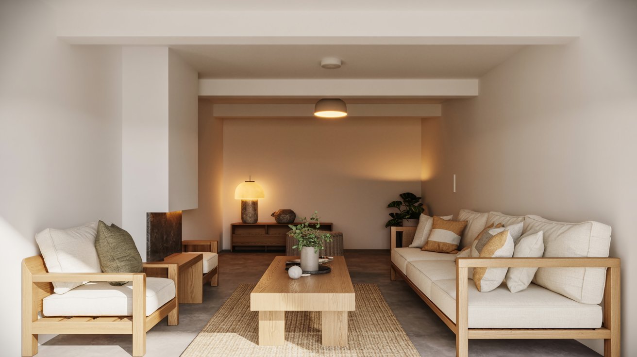 "Scandinavian-style modern basement with light wood tones, white walls, soft lighting, and cozy minimalist decor."