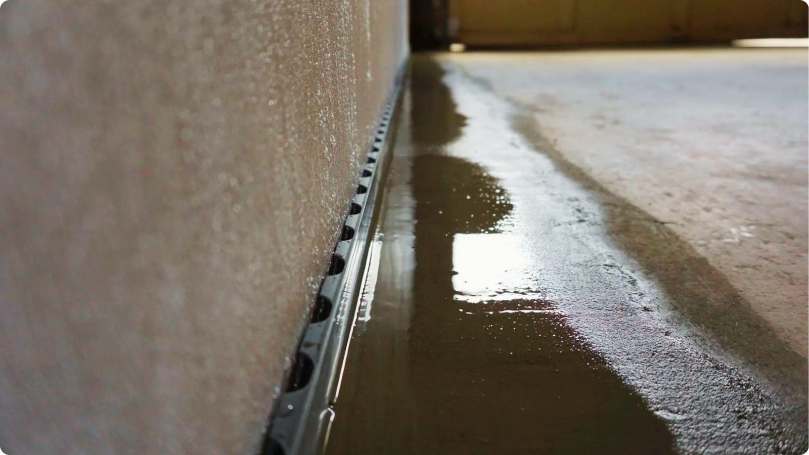 Water collecting along a basement wall where the concrete floor meets the foundation wall.