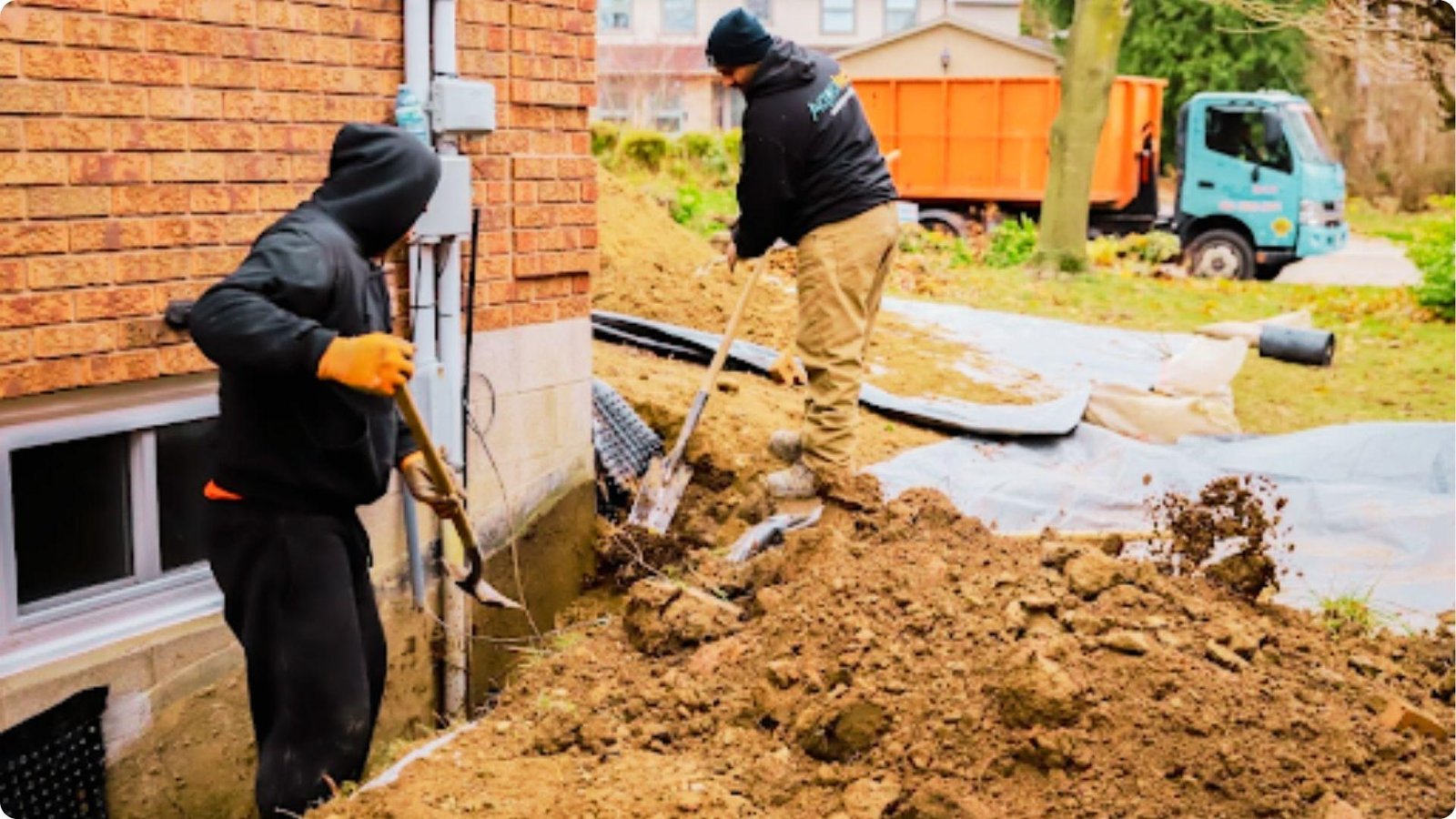 Two contractors dig a trench along a brick house to expose the basement wall for waterproofing.