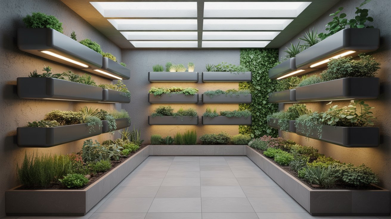 Indoor garden basement with grow lights, vertical planters, and lush green modern plant setup